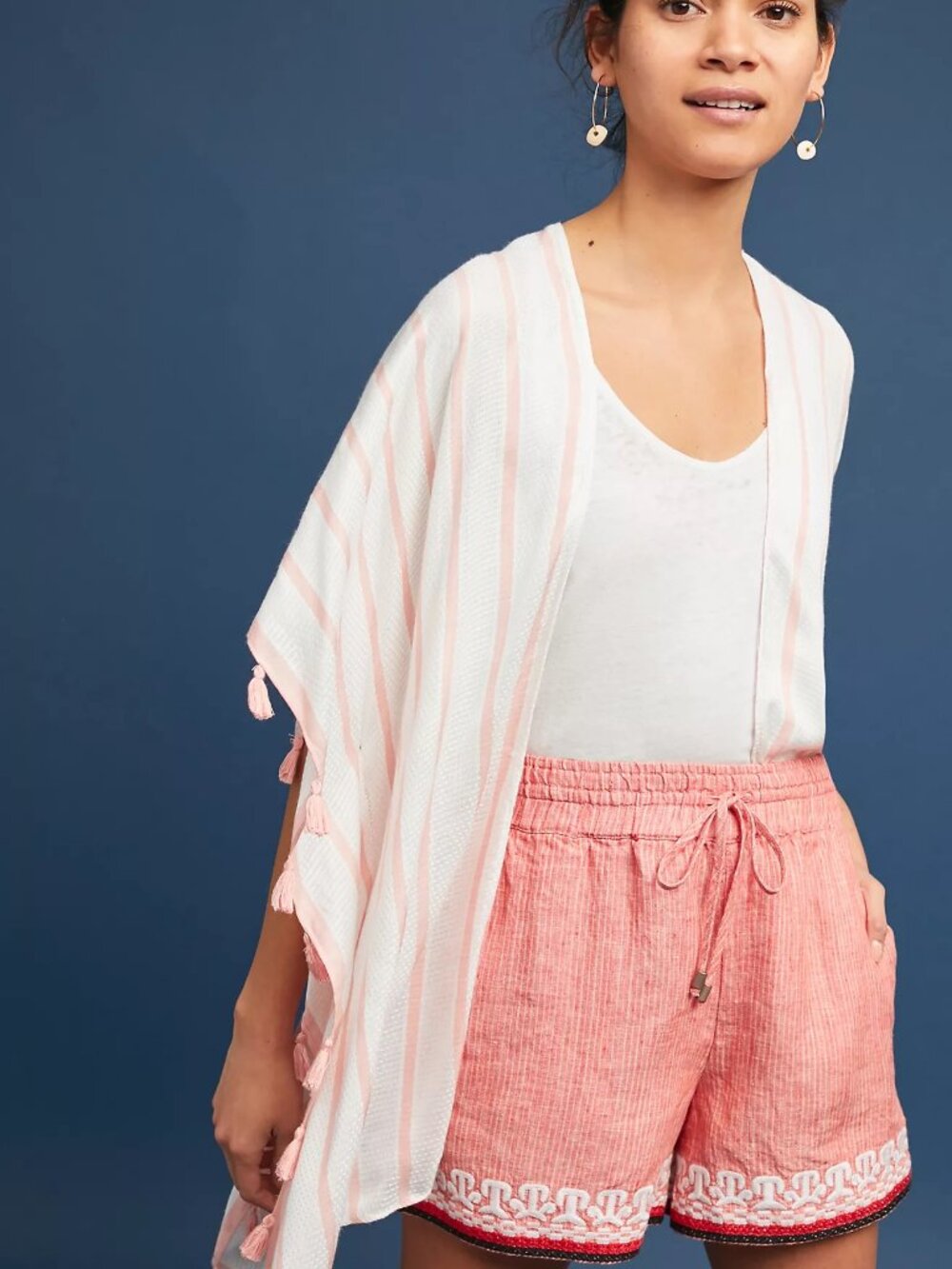 Anthropologie Beachcomber Shorts Embroidered Coral Linen Sz L